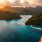 Remote South Pacific islands with turquoise waters and sunset.