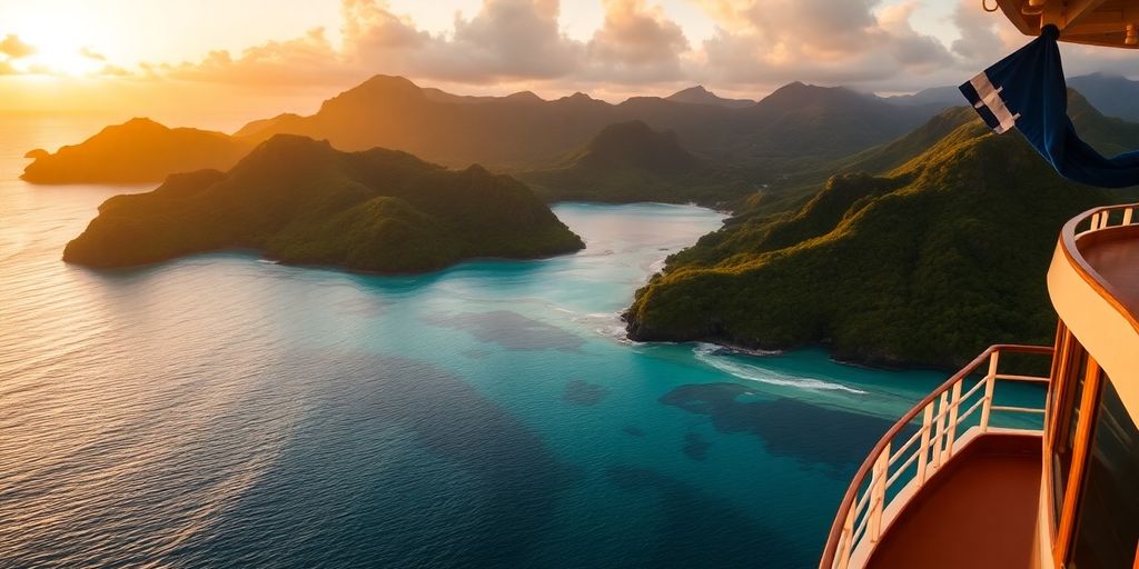 Remote South Pacific islands with turquoise waters and sunset.