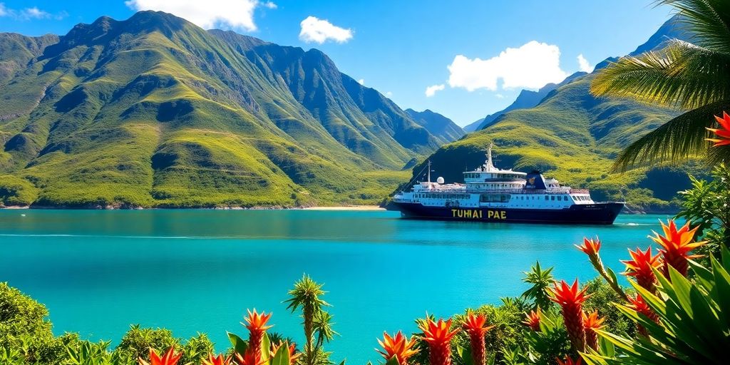 Scenic view of Austral Islands with freighter and greenery.