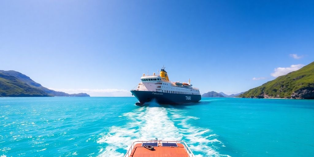 Le cargo Tuhaa Pae naviguant dans les îles Australes.