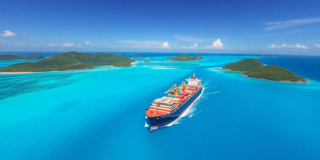 Freighter sailing in turquoise South Pacific waters.