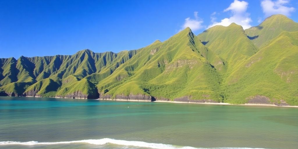 Des montagnes luxuriantes et les eaux bleues de l'île de Rurutu.