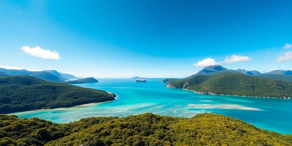 Frachter kreuzt in der Nähe der üppigen Australinseln mit blauem Wasser.