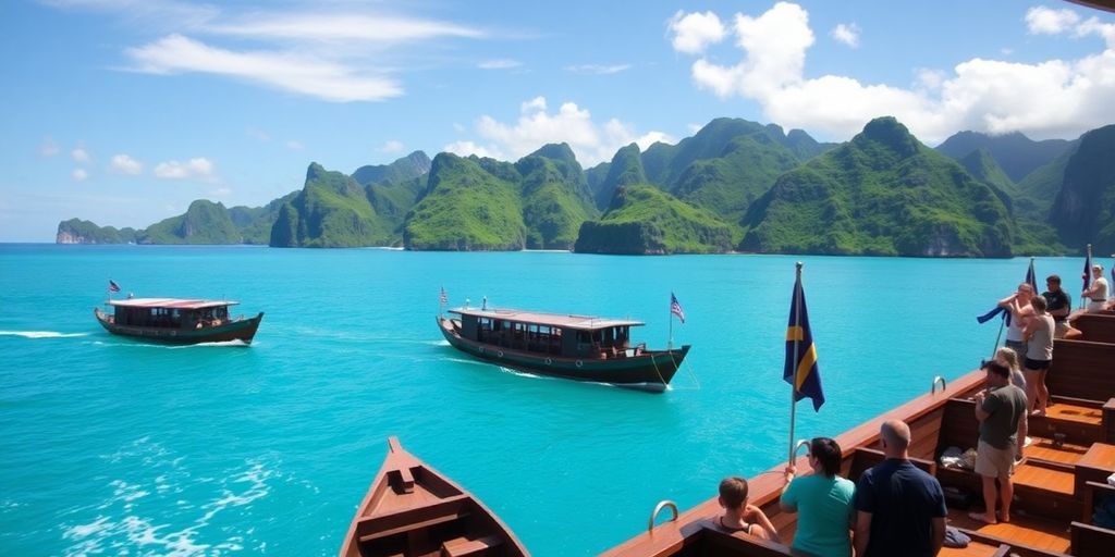 Croisière en cargo polynésien avec bateaux traditionnels et îles.