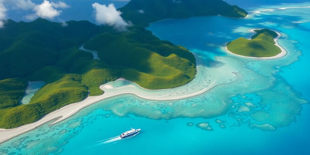 Freighter sailing through the stunning Austral Islands' waters.