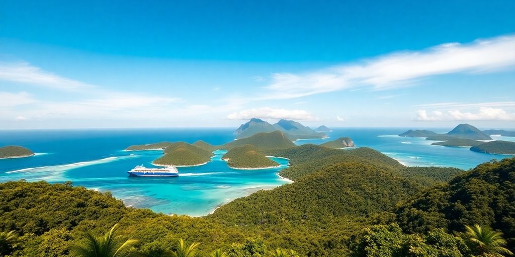 Cargo naviguant à travers les luxuriantes îles Australes.