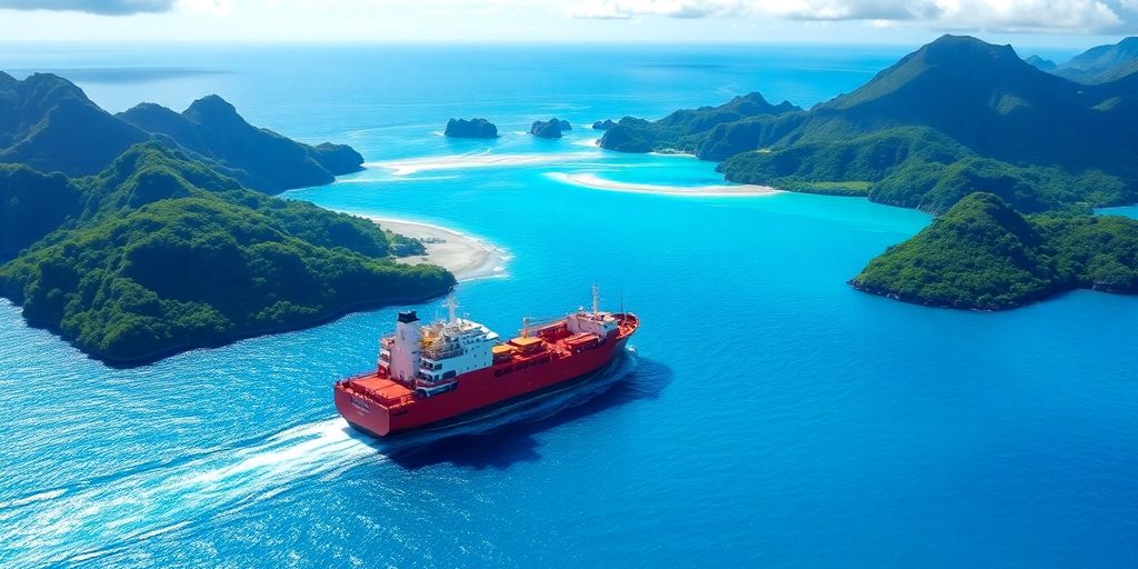 Cargo sur des eaux turquoise près d'îles tropicales luxuriantes.