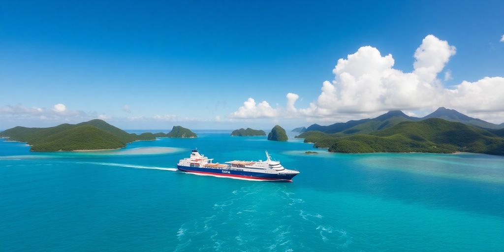 Cargo de Tuhaa Pae naviguant à travers les eaux tropicales.