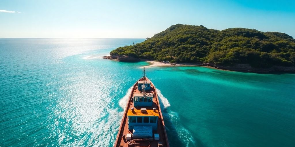 Freighter sailing to a beautiful remote island.