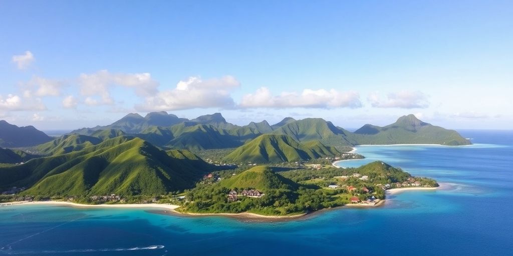 Üppige grüne Hügel und klares Wasser der polynesischen Inseln.