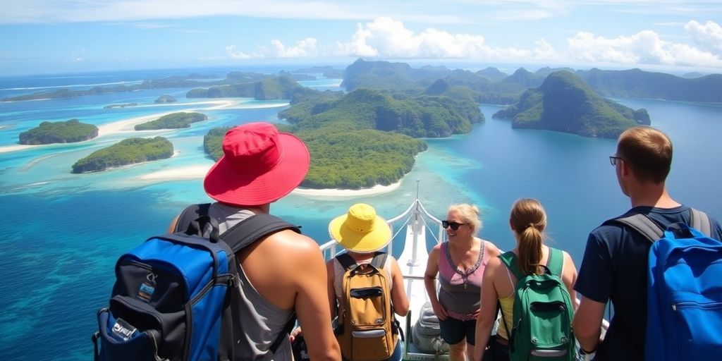 Rucksacktouristen genießen die Tuhaa Pae Frachtschiff-Kreuzfahrt.