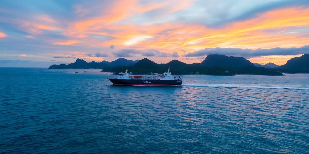 Le cargo Tuhaa Pae naviguant dans des eaux claires au coucher du soleil.