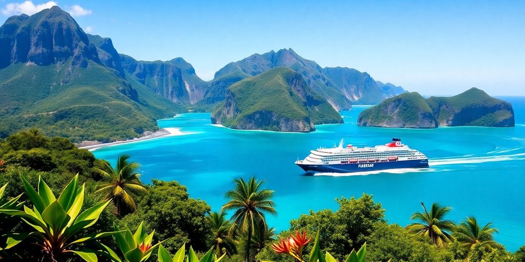 Freighter sailing in the turquoise waters of Austral Islands.