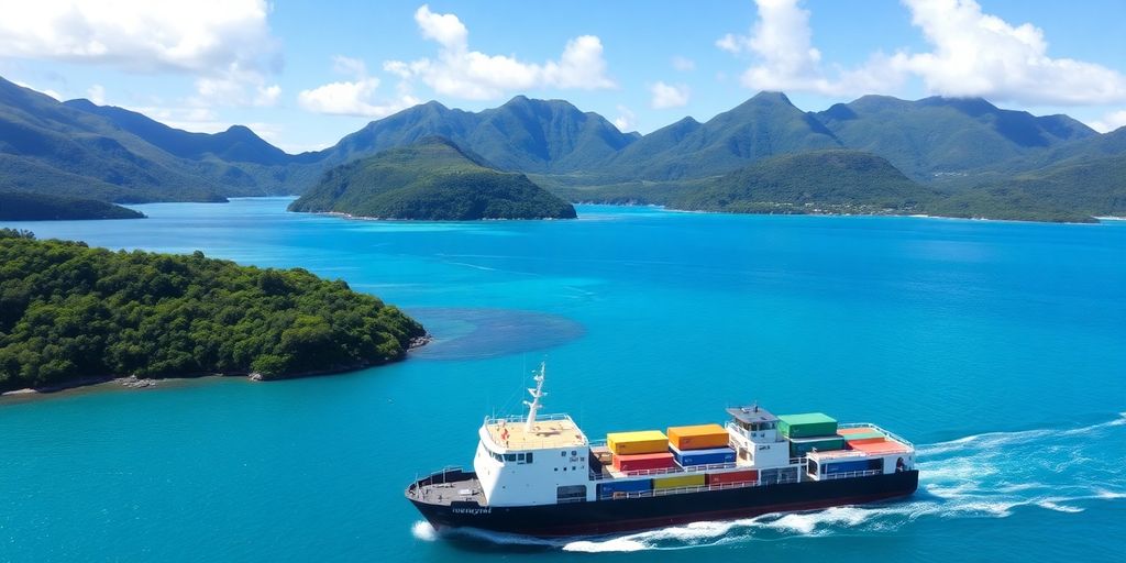 Freighter sailing near lush Austral Islands with turquoise waters.