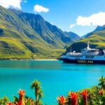 Vue pittoresque des îles Australes avec un cargo et de la verdure.