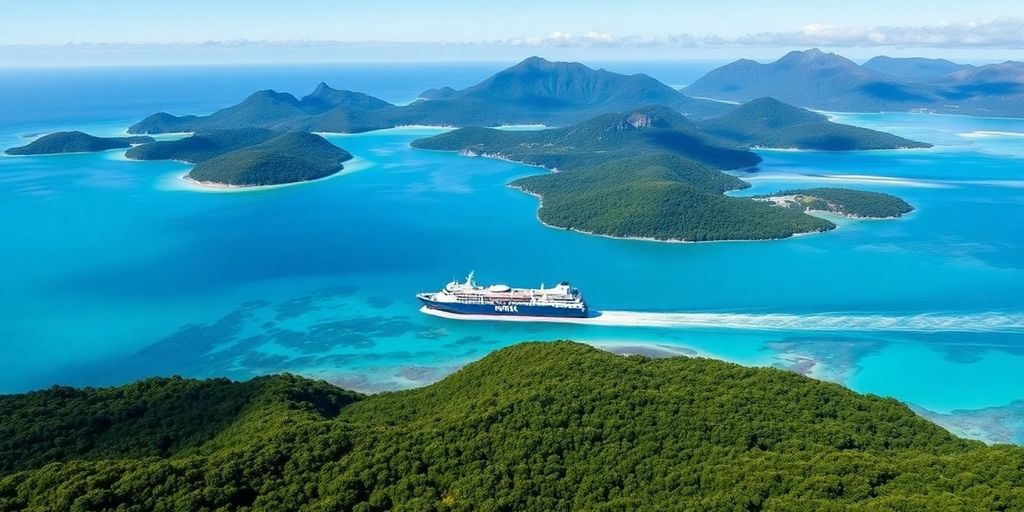 Freighter cruising in turquoise waters near lush islands.