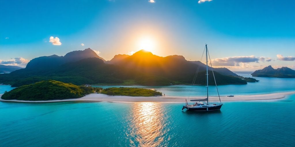 Vibrant sunset over the Austral Islands with sailboat.