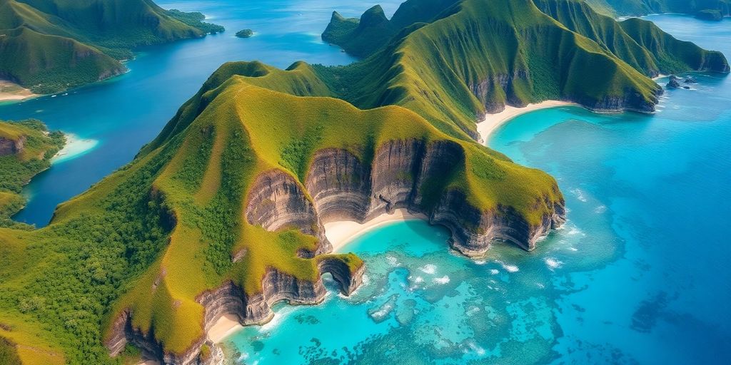 Vue aérienne d'îles tropicales avec des eaux turquoise.