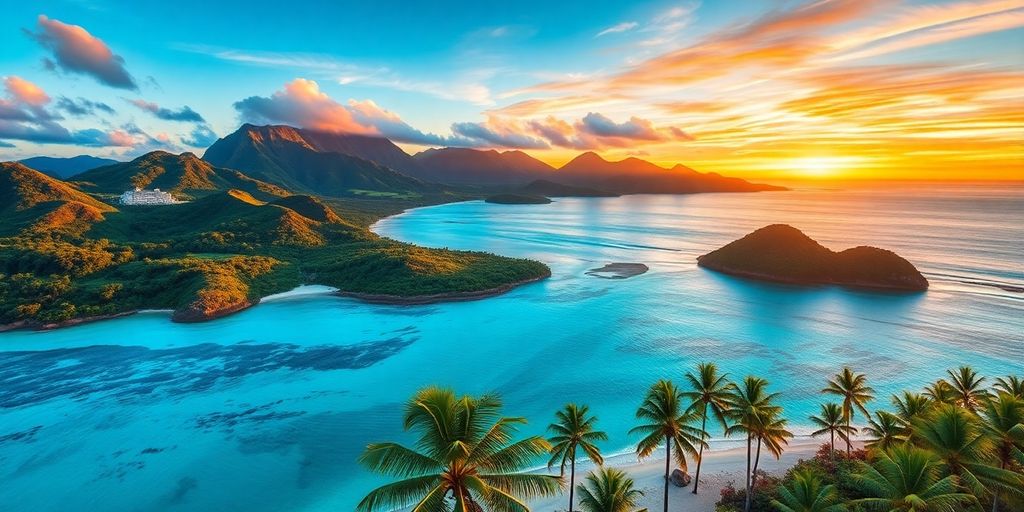 Paradis tropical avec des plages, des montagnes et des palmiers.