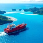 Freighter on turquoise waters near lush tropical islands.