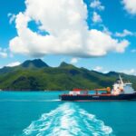 Freighter cruising in turquoise waters near lush green islands.