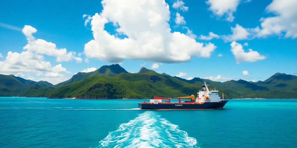 Freighter cruising in turquoise waters near lush green islands.