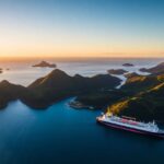 Freighter anchored near lush Austral Islands at sunset.