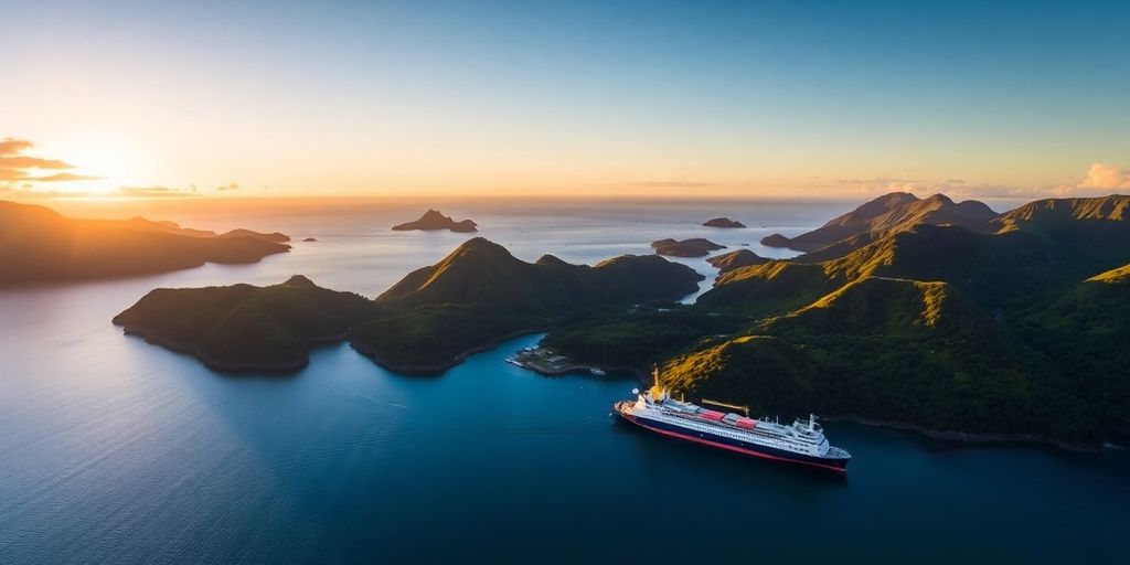 Freighter anchored near lush Austral Islands at sunset.