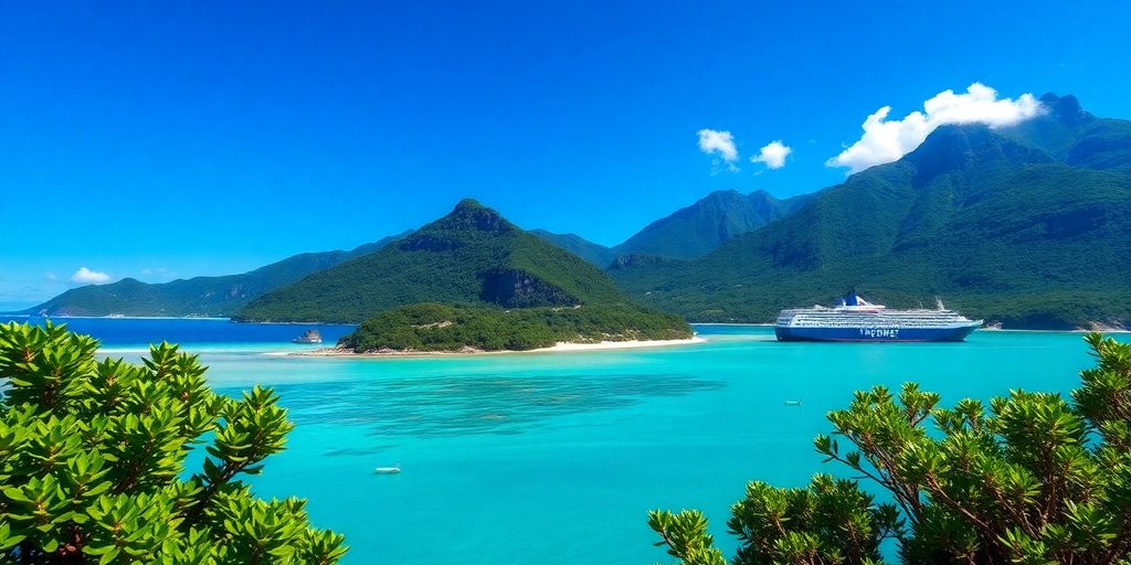 Scenic Austral Islands with a freighter cruise in view.