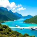 Freighter cruise ship near lush Austral Islands beach.