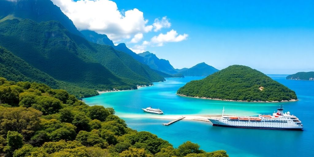 Freighter cruise ship near lush Austral Islands beach.