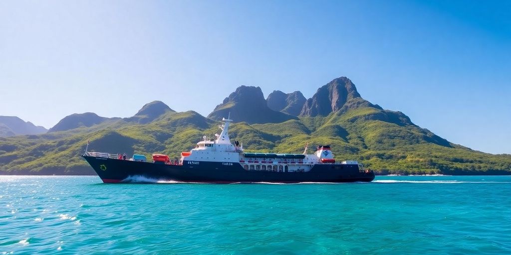 Cargo Tuhaa Pae dans des eaux claires près d'îles verdoyantes.