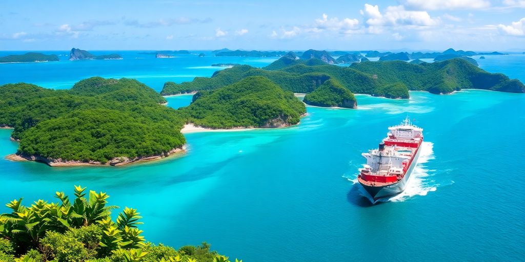 Freighter sailing towards lush green islands in blue sea.