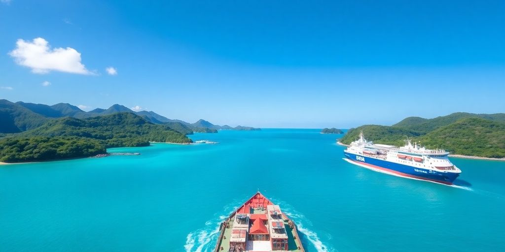 Freighter on turquoise waters near lush green islands.