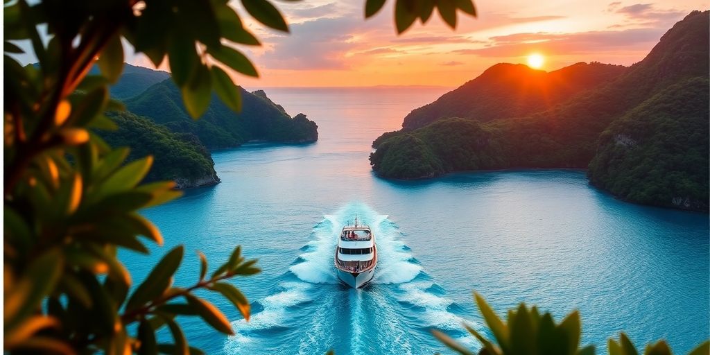 Bateau naviguant dans des eaux turquoise près d'îles verdoyantes.