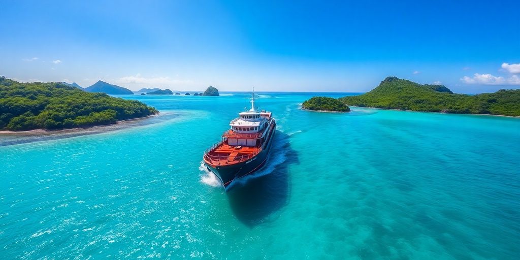 Cargo de Tuhaa Pae naviguant dans des eaux turquoise magnifiques.