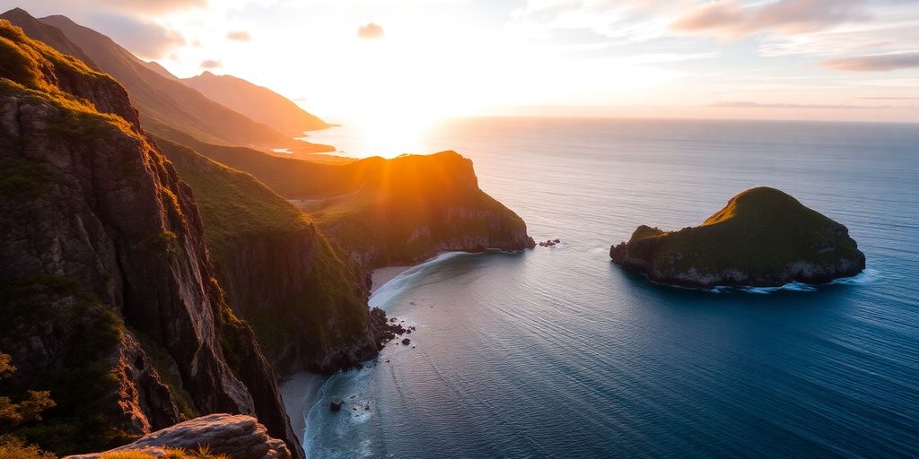 Côte escarpée des îles Australes au coucher du soleil.