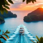 Boat sailing in turquoise waters near lush islands.