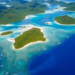 Vue aérienne des îles Australes luxuriantes dans le Pacifique.