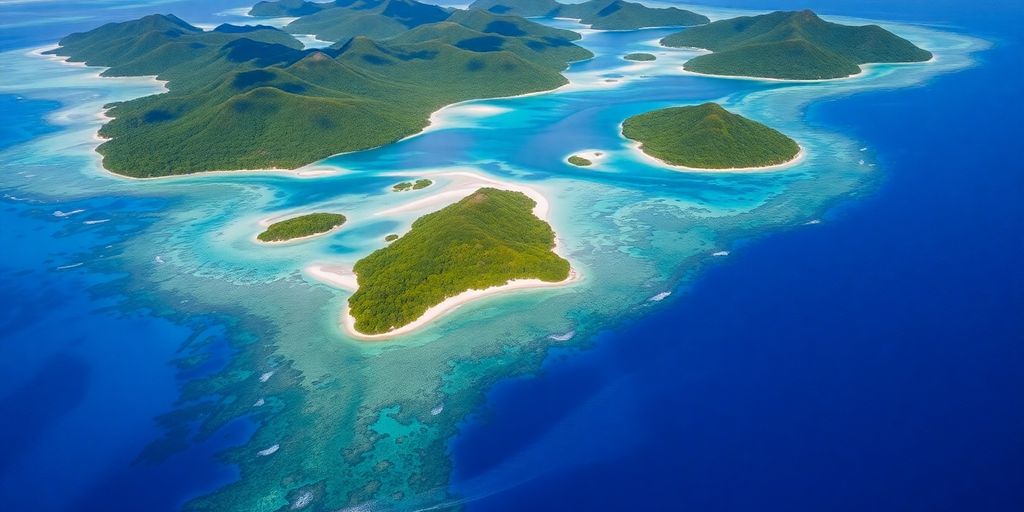 Vue aérienne des îles Australes luxuriantes dans le Pacifique.