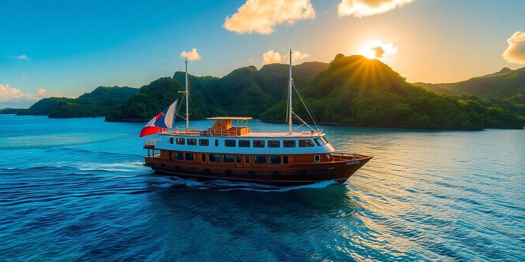 Tuhaa Pae freighter on turquoise waters at sunset.