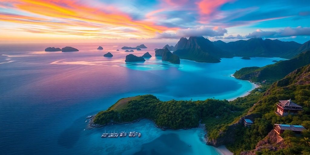 Vue imprenable sur les îles polynésiennes luxuriantes au coucher du soleil.