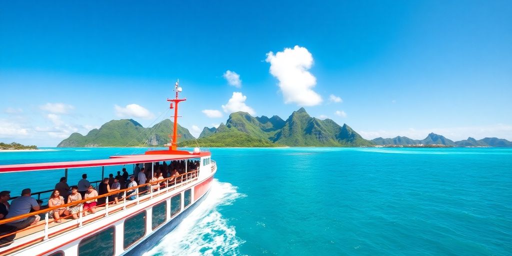 Frachtschiff-Kreuzfahrt in den türkisfarbenen Gewässern von Französisch-Polynesien.