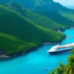 Navire de croisière cargo près des rivages tropicaux de Rurutu.