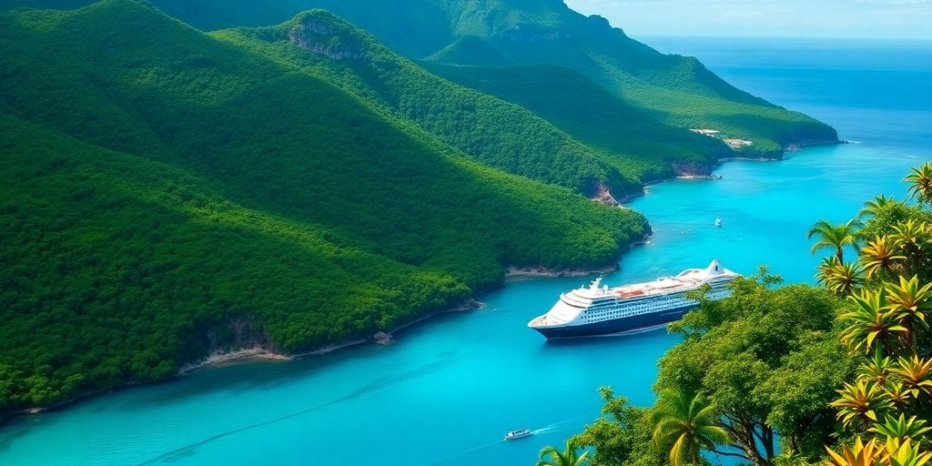 Navire de croisière cargo près des rivages tropicaux de Rurutu.