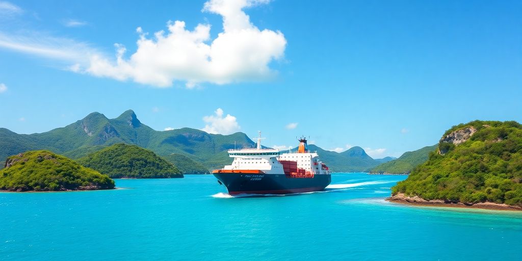 Freighter sailing through turquoise South Pacific waters.