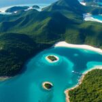 Vue aérienne des îles Australes luxuriantes avec des eaux turquoise.