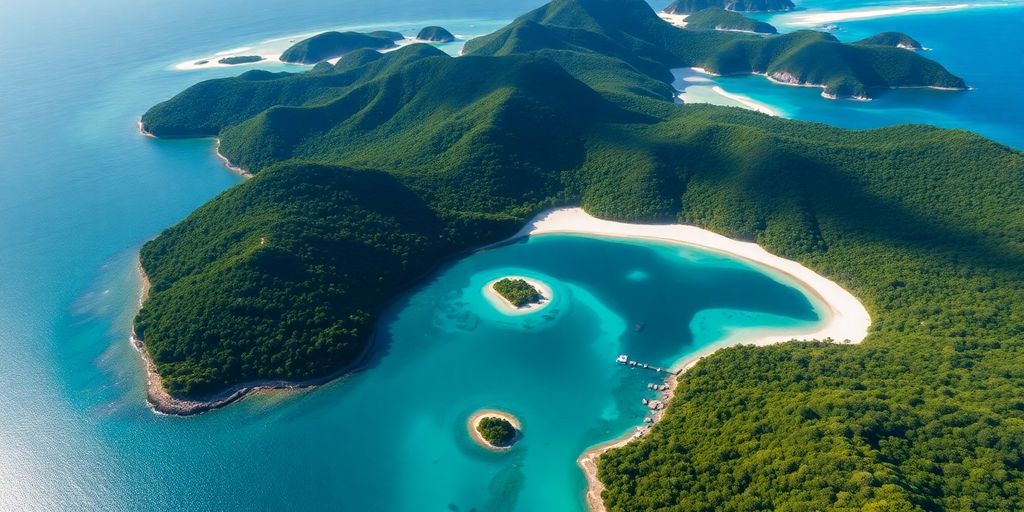 Vue aérienne des îles Australes luxuriantes avec des eaux turquoise.