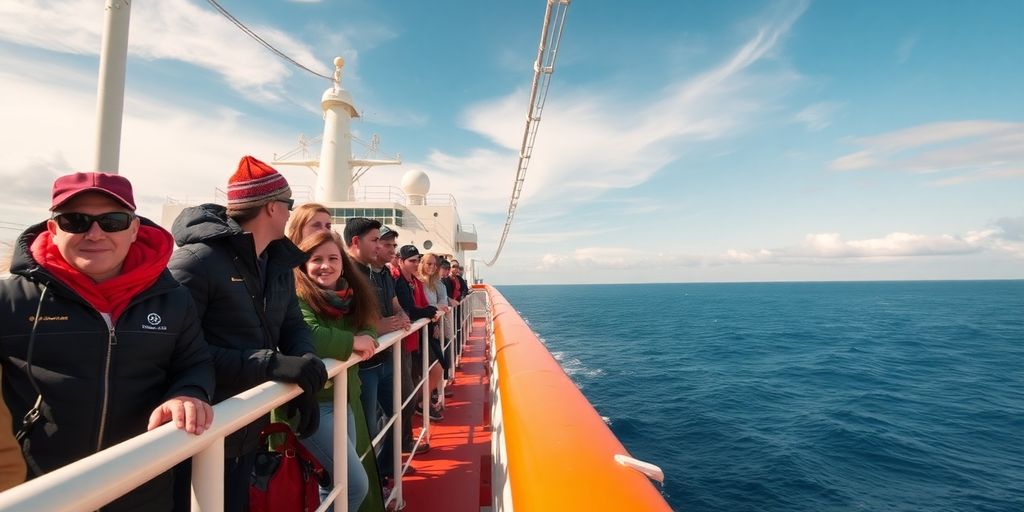 Travelers enjoying their adventure on a freighter at sea.